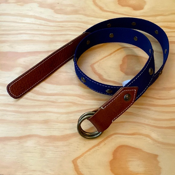 J Crew navy cloth belt with leather accents and brass studs
